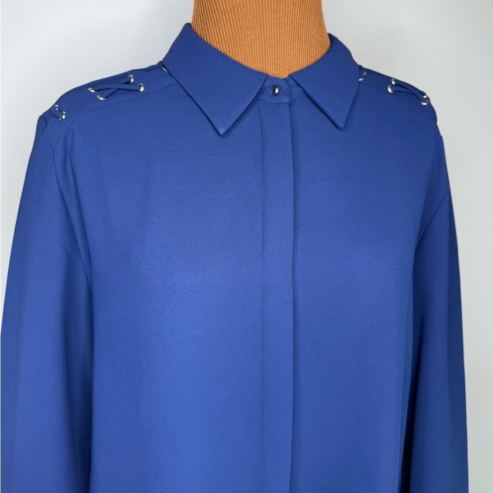 Chico’s Black Label Navy Split Back Long Sleeve Tunic Gold Detail Size Large